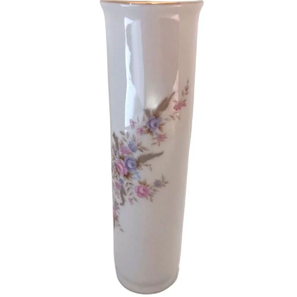 Vtg Lefton China Hand Painted Floral Bud Vase #7053 Gold Trim Porcelain Japan
